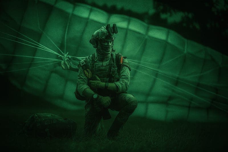 Special Forces soldier successfully landed on ground after HALO jump, demonstrating perfect execution of terminal velocity physics and parachute deployment timing