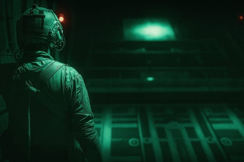 Special Forces soldier opening the rear bay door of military aircraft before HALO jump, showing the preparation for high-altitude tactical insertion mission