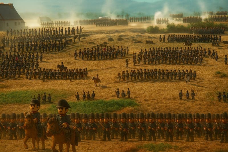 French Imperial Army in battle formation at Waterloo showing Napoleon's massive force of 72,000 troops arranged in tactical positions with artillery and cavalry wings