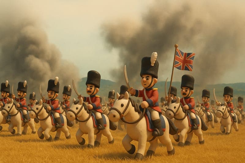 The legendary Scots Greys cavalry charge at Waterloo showing British heavy cavalry thundering into French infantry lines with devastating effect during the famous counter-attack