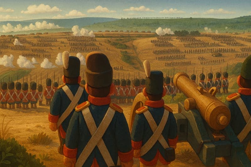 British infantry positioned on the ridge at Waterloo lying flat and invisible, preparing their deadly surprise volley that would break the Imperial Guard for the first time in history