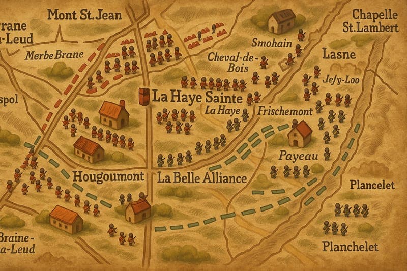 Strategic map of La Haye Sainte farmhouse at Waterloo showing the critical position between French and British lines that Napoleon needed to capture to break Wellington's center