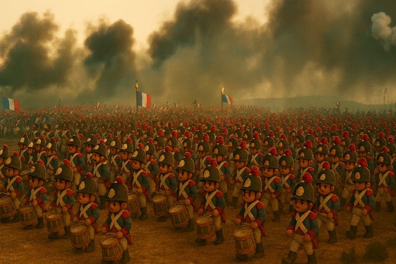 Napoleon's elite Imperial Guard marching in formation toward the British ridge at Waterloo - the most feared troops in Europe advancing for their final assault