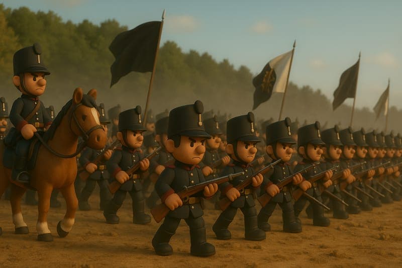 Prussian forces arriving from the east at Waterloo showing Blücher's army reaching the battlefield to join Wellington, sealing Napoleon's fate