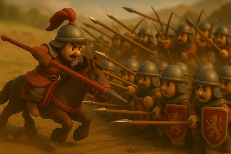Epic moment of cavalry collision with pikemen formation - 500 mounted warriors smashing into the concentrated 20-meter weak point, demonstrating maximum pressure application in battle with physics principles in devastating action