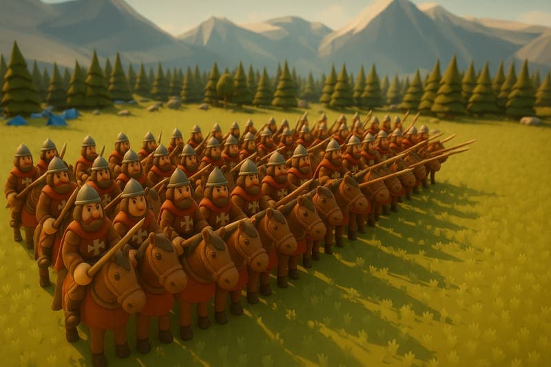 Our cavalry forces assembled in formation - 500 mounted warriors on horseback with lances and swords, preparing for the decisive charge against overwhelming odds in concentrated attack formation