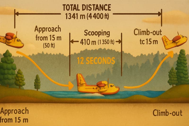 Technical diagram showing water scooping physics process with pressure calculations, lift forces, and water flow dynamics as CL-415 aircraft collects water at specific speed and angle for optimal tank filling efficiency