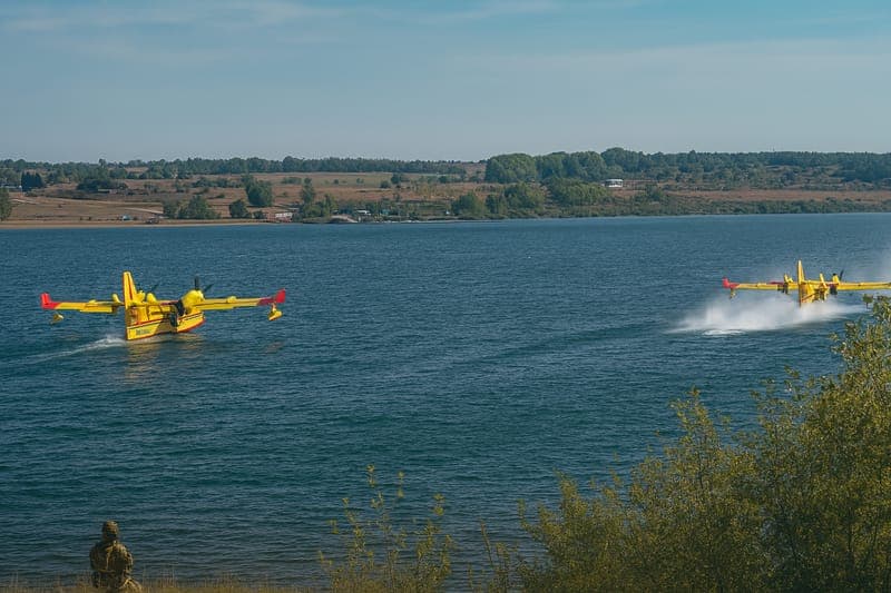 Two CL-415 water scooping aircraft simultaneously collecting water from river surface at high speed, demonstrating pressure physics principles with water spraying around aircraft hulls during coordinated firefighting water collection operation