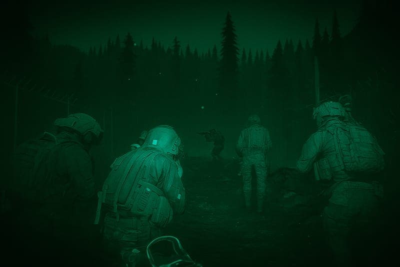Forest environment illuminated in characteristic green night vision display showing trees, terrain, and tactical elements visible through infrared amplification technology used by Special Forces