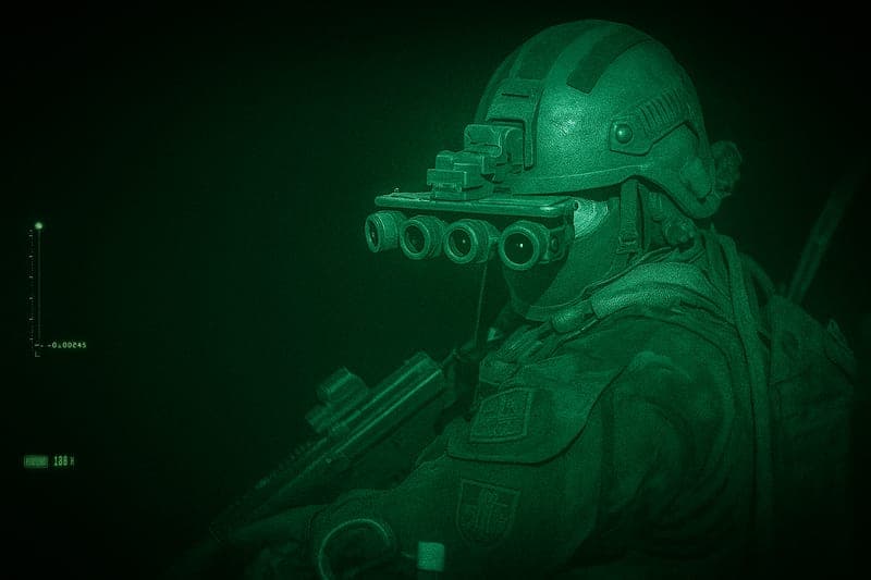 Special Forces operator in tactical gear scanning for threats in darkness during covert mission, demonstrating the critical need for night vision technology in military operations
