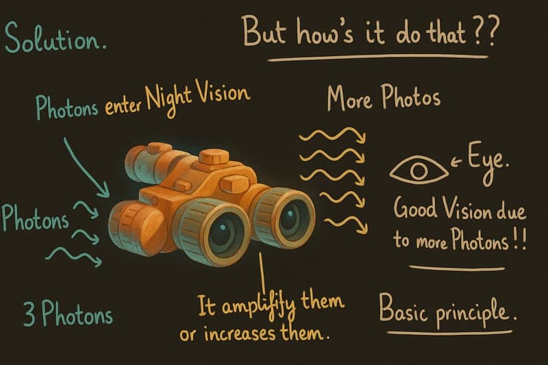 Technical diagram showing how night vision goggles work using photomultiplier tubes, photocathode plates, and electron multiplication to amplify weak light into visible green images for military operations
