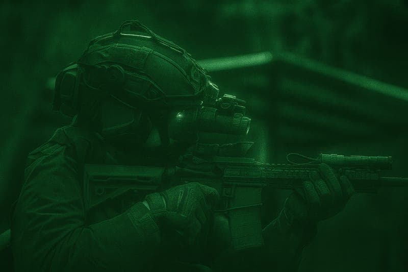 Special Forces operator aiming tactical weapon with night vision scope, demonstrating precision targeting capabilities enabled by infrared technology during covert operations against unknown threats