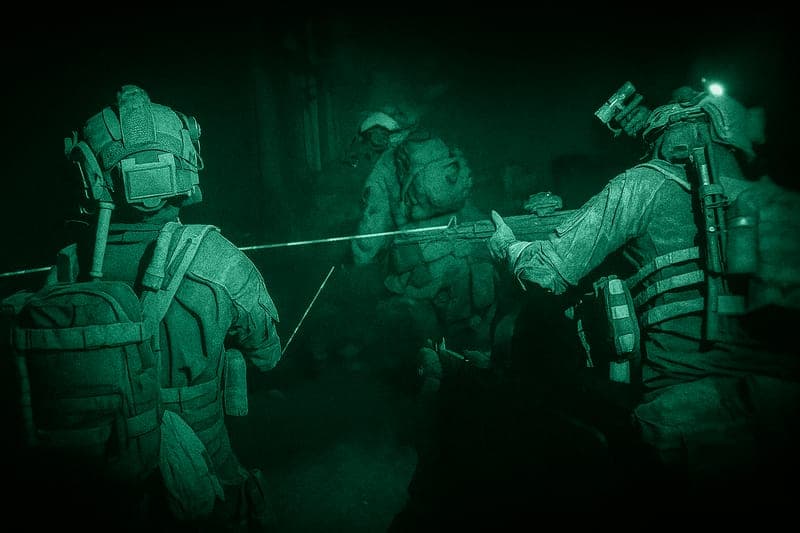 Special Forces team in tactical formation using night vision equipment to track and engage unknown extraterrestrial threats in dense forest, showcasing coordinated military operations enabled by infrared technology