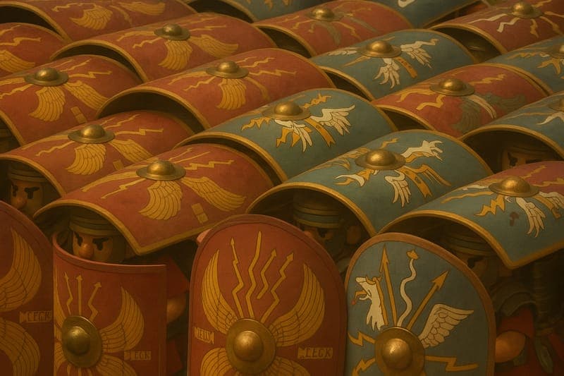 The famous Roman Testudo (tortoise) formation showing rectangular Scutum shields creating perfect tessellation - a mathematical masterpiece of military engineering with no gaps in defense