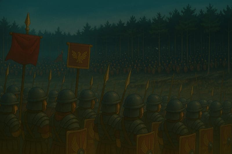 Roman legionaries with rectangular Scutum shields facing Boudicca's massive Briton army in the dense woods, showing the tactical advantage of narrow battlefield selection against overwhelming numbers