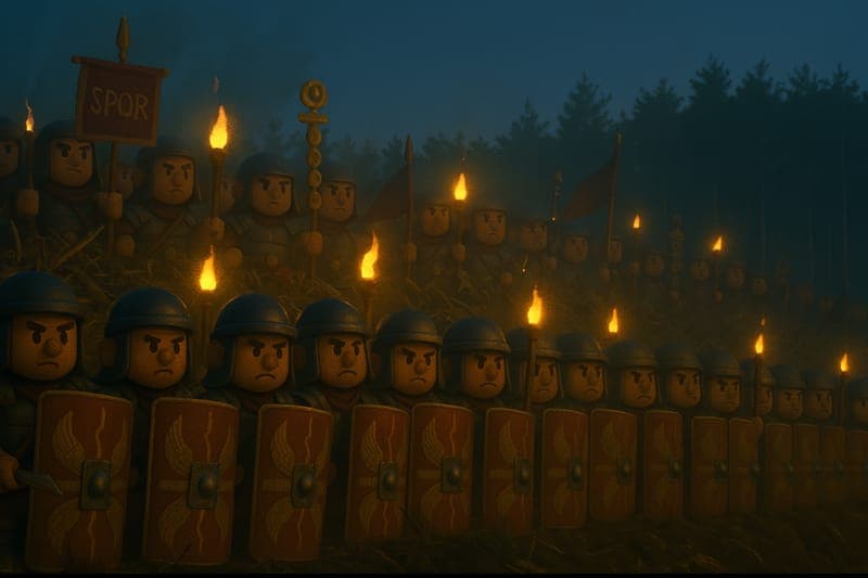 Roman legionaries holding elevated position with rectangular Scutum shields raised in perfect shield wall formation, demonstrating the mathematical precision of their defensive strategy