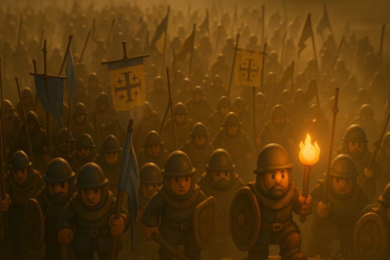 Close-up scene of crusader soldiers marching with determined faces during the Albigensian Crusade, showing the human cost and dedication of medieval siege warfare