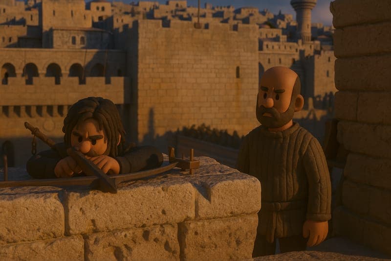 Defenders of Minerve fortress taking shots from the walls at the besieging crusader army below, showing the desperate defense of the Cathar stronghold