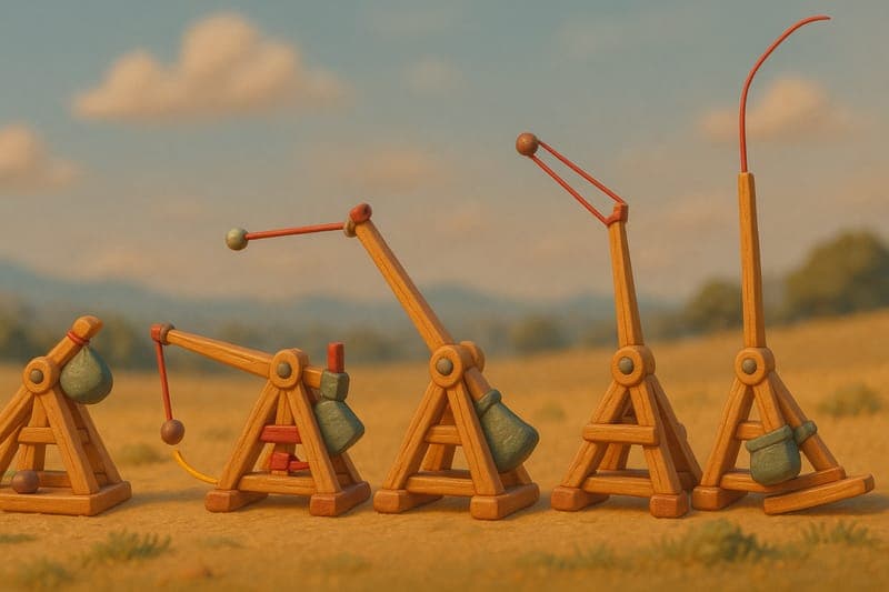 Detailed diagram showing trebuchet firing motion with physics explanation of lever mechanics, counterweight ratios, and energy transfer principles used in medieval siege warfare