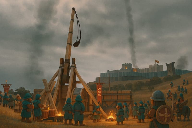 Massive trebuchet stone hitting the cliff behind Minerve fortress, cracking the water shaft that supplied the defenders and demonstrating the devastating power of medieval siege engineering