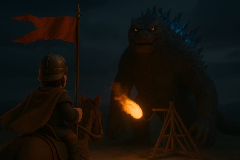 Brave medieval scout rider carrying crimson flag galloping toward monster to measure distance for trebuchet targeting - showing medieval range-finding techniques and battlefield surveying methods