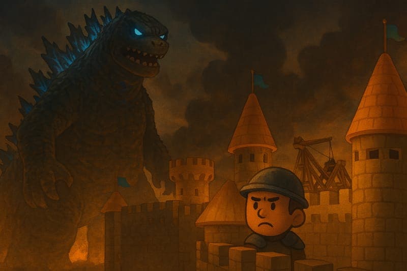 Colossal monster creature approaching medieval castle fortress - massive beast towering over landscape like a walking mountain, demonstrating the scale of threat facing medieval defenders