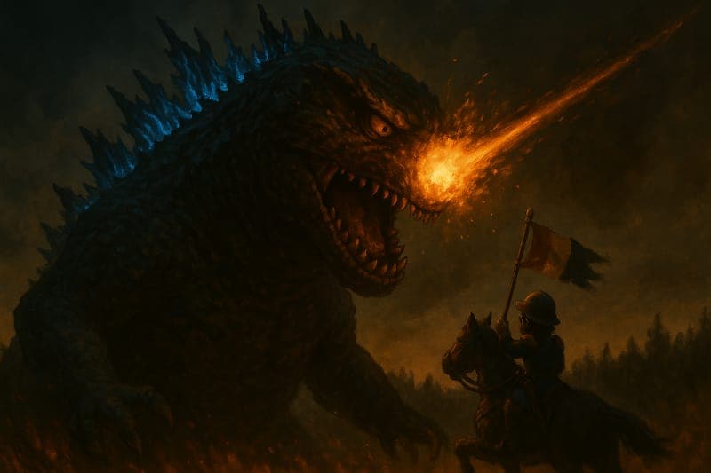 Massive monster creature struck by burning trebuchet projectile in the eye - showing the effectiveness of medieval siege physics against colossal threats and the power of precise trajectory calculations