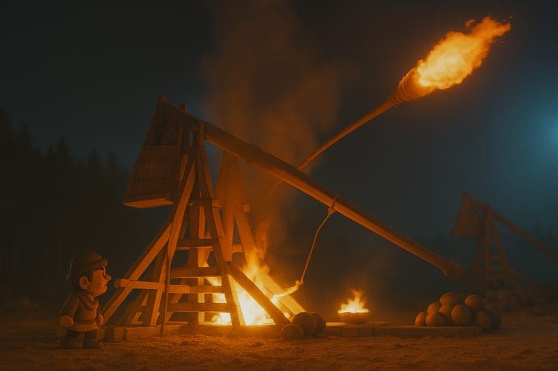 Medieval trebuchet launching burning projectile with massive flame trail - demonstrating the physics of projectile motion, trajectory calculation, and the engineering power of counterweight siege weapons