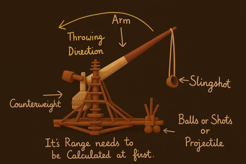 Medieval trebuchet engineering diagram showing labeled parts - counterweight, throwing arm, pivot point, and sling mechanism demonstrating the physics principles of leverage and projectile motion