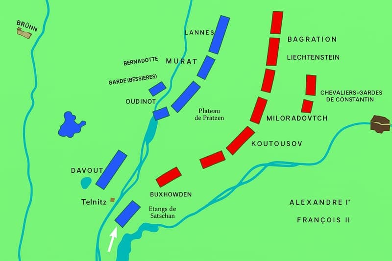 Strategic battlefield map of Austerlitz showing Napoleon's tactical genius - French forces abandoning Pratzen Heights as bait, then executing the famous flanking maneuver against the Allied coalition