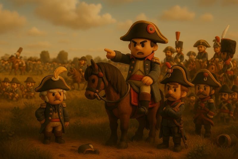 Napoleon Bonaparte mounted on his famous horse Marengo, conducting a pre-battle inspection of his 68,000 troops before the decisive Battle of Austerlitz - December 2, 1805